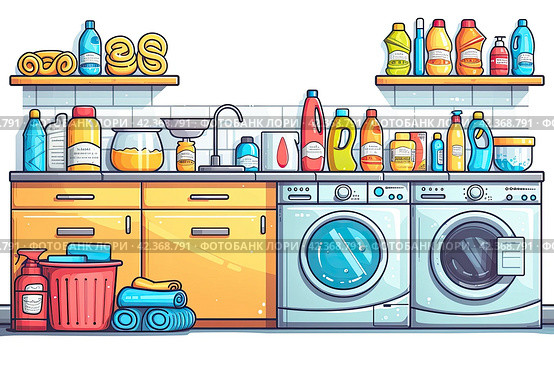 Set of Cleaning supplies on white background. Cleaning tools. Washing machine, Detergents Cleanser for apartments, Water bucket for Mopping, Chemicals Appliances for service. Cartoon Household. Стоковое AI-изображение, AI-художник Ирина Михайличенко / Фотобанк Лори