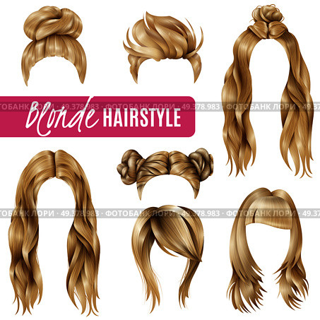 Set of coiffures for blond women with stylish haircuts and long hair, braided strands isolated vector illustration . Coiffures For Blond Women Set. Стоковая иллюстрация, агентство Ingram Publishing / Фотобанк Лори