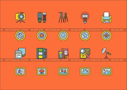 Set of colorful photographic equipment thin, lines, outline, strokes icons. Elements of photo processing. Digital camera with pictures and modes, photo items. For web and mobile applications. Стоковая иллюстрация, агентство Ingram Publishing / Фотобанк Лори