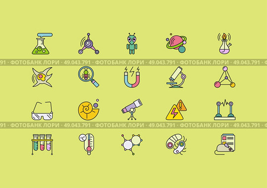 Set of colorful science thin, lines, outline, strokes icons. Symbols of different sciences tube, spiritlamp, bulb, magnet, microscope, telescope on green background. For web and mobile applications. Стоковая иллюстрация, агентство Ingram Publishing / Фотобанк Лори