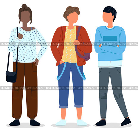 Set of cute characters at white background, multinational and multiracial men and woman. Black afro girl standing near two caucasian guys hipsters. Vector illustration of three different people. Set of three characters at white background, multinational and multiracial men and woman. Стоковая иллюстрация, агентство Ingram Publishing / Фотобанк Лори