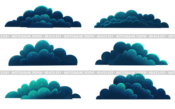 Set of dark blue shrubs, forest vegetation. Cartoon flat style, mixed forest shrubs. Hazel, hawthorn, juniper, fruits, berries. Medicinal plants, herbs. Blue lush bushes on white background. Set of bushes and bushes isolated on white. Blue cartoon forest vegetation for games, banners. Стоковая иллюстрация, агентство Ingram Publishing / Фотобанк Лори