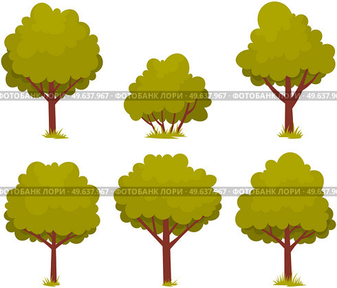 Set of deciduous tree with trunk and dense foliage. High plant with widely spread branches and green leaves. Broad-stemmed deciduous plant. Tree with green foliage isolated on white background. Deciduous tree with trunk and dense foliage. High plant with widely spread branches and green leaves. Стоковая иллюстрация, агентство Ingram Publishing / Фотобанк Лори