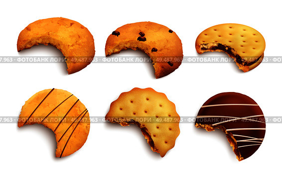 Set of different kind of bitten tasty cookies glazed with chocolate crumbs and jam layer isolated realistic vector illustration. Стоковая иллюстрация, агентство Ingram Publishing / Фотобанк Лори