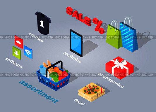 Set of electronic commerce. Vector illustration of three icons of software, assortment of products, italian food, accessories in red present, mobile phone of technics, summer clothes, interest sale.. Set of Electronic Commerce Flat and Shadow Theme. Стоковая иллюстрация, агентство Ingram Publishing / Фотобанк Лори