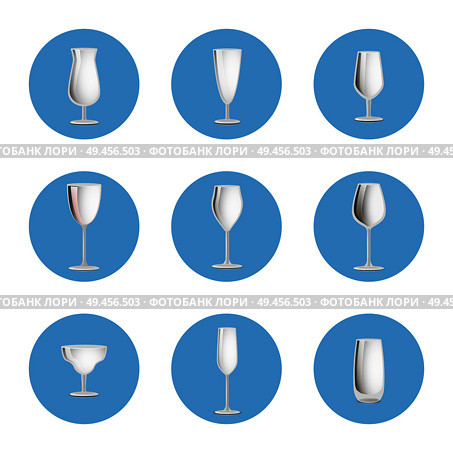 Set of empty glasses in round circles icons, elegant glassware items for cocktails and classical drinks, stemware collection vector isolated on white. Set of Empty Glasses in Circles, Elegant Glassware. Стоковая иллюстрация, агентство Ingram Publishing / Фотобанк Лори