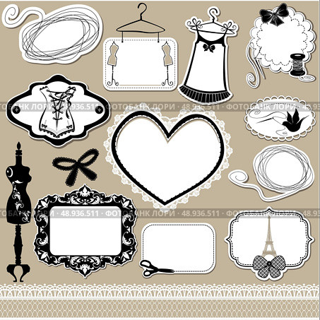 Set of frames, symbols, tools and accessories for sewing studio. Стоковая иллюстрация, агентство Ingram Publishing / Фотобанк Лори