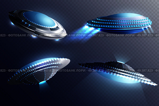 Set of glowing alien spaceships in saucer shape isolated on transparent background 3d vector illustration. Alien Spaceships Transparent Background Set. Стоковая иллюстрация, агентство Ingram Publishing / Фотобанк Лори