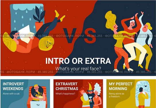 Set of horizontal banners with introvert and extravert in various situations isolated hand drawn vector illustration. Стоковая иллюстрация, агентство Ingram Publishing / Фотобанк Лори