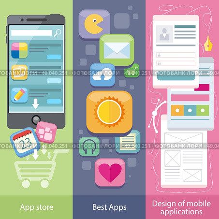 Set of icons on banners with concepts of app store, best apps and design mobile applications in flat design style. Purchase applications, commenting and rating application, development web page of app. Стоковая иллюстрация, агентство Ingram Publishing / Фотобанк Лори