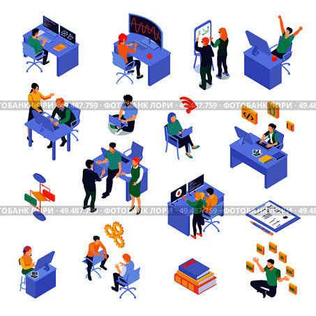 Set of isometric icons programmers at work place during coding debugging or software testing isolated vector illustration. Стоковая иллюстрация, агентство Ingram Publishing / Фотобанк Лори