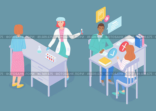 Set of isometric illustrations on a medicine theme. Laboratory medical tests. Medical Assistant takes tests from a patient. Physician man advises and examines patient woman in hospital office. Medical characters laboratory assistant, doctor and patient. Medical tests, consultation, prescription. Стоковая иллюстрация, агентство Ingram Publishing / Фотобанк Лори