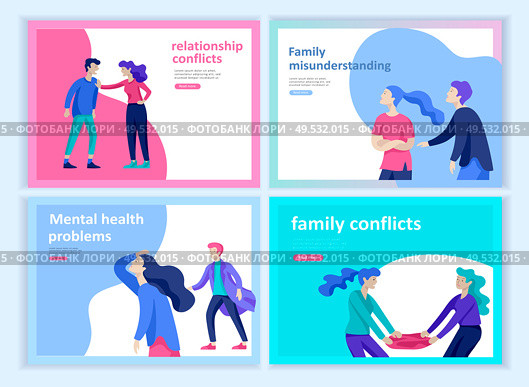 Set of Landing page templates for psyhology mental problems, depression panic attacks, paranoia anger control, relationship family conflict, stress and misunderstanding, group psychotherapy character. Set of Landing page templates for psyhology mental problems, depression panic attacks, paranoia anger control, relationship family conflict, stress and misunderstanding, group psychotherapy. Стоковая иллюстрация, агентство Ingram Publishing / Фотобанк Лори