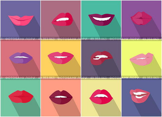Set of Lips with Expression Emotions. Set of lips with expression of emotions. Funny emoticons expressing anger, happiness, sadness, joy, surprise, wonder, amazement. Different mood states collection isolated on white. Vector. Стоковая иллюстрация, агентство Ingram Publishing / Фотобанк Лори
