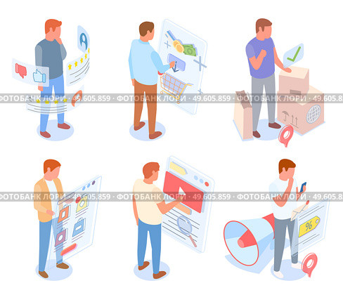 Set of male characters making selection of goods in online store. Way from seller to customer, build consumer demand. Customer engagement. Swipe pages. Megaphone, shopping, parcels, marketing trick. Set of male characters involved in online shopping. Way from seller to customer, customer journey. Стоковая иллюстрация, агентство Ingram Publishing / Фотобанк Лори