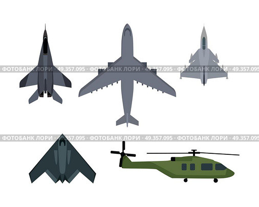 Set of Military Aircraft Vector Illustrations. Military aircraft set. Fighter jet, bomber, interceptor, reconnaissance, spy helicopter vector illustrations set isolated on white background. Army flying machine. For military aviation concepts. Set of Military Aircraft Vector Illustrations. Стоковая иллюстрация, агентство Ingram Publishing / Фотобанк Лори
