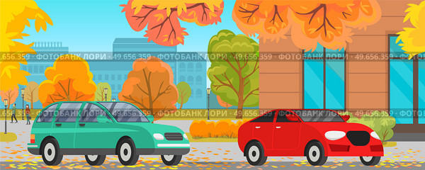 Set of modes of transport and machine shapes. Cars of different types with tinted glass in background of landscape of nature or city. Crossover, hatchback, pickup vehicle is riding in autumn park. Cars of different types with tinted glass in background of landscape of nature in autumn park. Стоковая иллюстрация, агентство Ingram Publishing / Фотобанк Лори