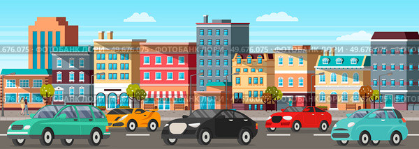 Set of modes of transport and machine shapes. Cars of different types with tinted glass in background of landscape of nature or city. Crossover, hatchback, pickup vehicle is riding in autumn park. Cars of different types with tinted glass in background of landscape of nature in autumn park. Стоковая иллюстрация, агентство Ingram Publishing / Фотобанк Лори