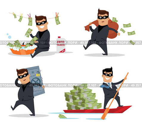 Set of Money Stealing Concepts Flat Design Vector. Set of money stealing concepts vector. Flat design. Financial crime, tax evasion, money laundering, corruption illustration. Man in a business suit, in mask washing, stealing, sail with money. Стоковая иллюстрация, агентство Ingram Publishing / Фотобанк Лори