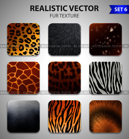 Set of nine wild animal fur texture square patches of different colorful patterns in realistic style vector illustration. Wild Animals Fur Texture Set. Стоковая иллюстрация, агентство Ingram Publishing / Фотобанк Лори