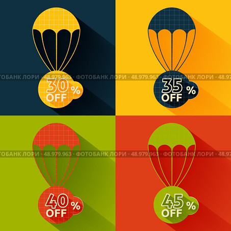 Set of parachutes with discount on multicolor background. Стоковая иллюстрация, агентство Ingram Publishing / Фотобанк Лори