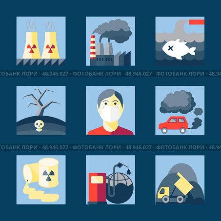 Set of pollution damage environment radioactive icons in flat style on squares vector illustration. Стоковая иллюстрация, агентство Ingram Publishing / Фотобанк Лори