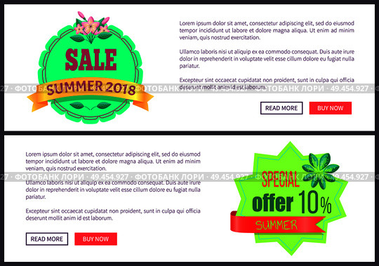 Set of posters online push buttons, discount off summer big sale set of promo labels tropical flowers on palm trees, advertisement stickers web banners. Set Posters Online Push Button Discount Off Summer. Стоковая иллюстрация, агентство Ingram Publishing / Фотобанк Лори