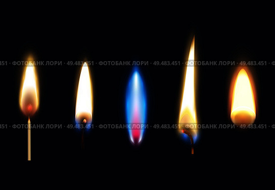 Set of realistic burning flames of matches candles and lighter isolated on black background vector illustration. Стоковая иллюстрация, агентство Ingram Publishing / Фотобанк Лори