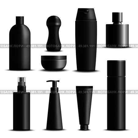 Set of realistic mens cosmetics in black packaging including cream, shampoo, deodorant, perfume, soap isolated vector illustration  . Mens Cosmetics Realistic Set. Стоковая иллюстрация, агентство Ingram Publishing / Фотобанк Лори