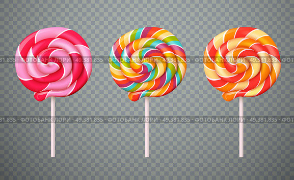 Set of realistic spiral striped colorful lollipops on white plastic sticks isolated on transparent background vector illustration. Realistic Lollipops Transparent Background Set. Стоковая иллюстрация, агентство Ingram Publishing / Фотобанк Лори