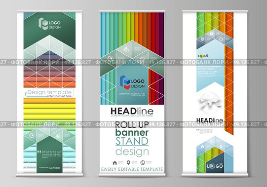 Set of roll up banner stands, flat design templates, abstract geometric style, modern business concept, corporate vertical vector flyers, flag banner layouts. Bright color rectangles, colorful design, overlapping geometric rectangular shapes forming abstract beautiful background. Стоковая иллюстрация, агентство Ingram Publishing / Фотобанк Лори