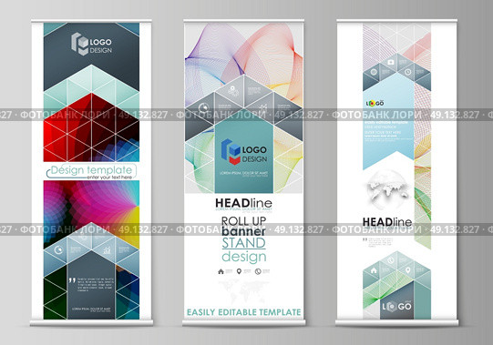 Set of roll up banner stands, flat design templates, abstract geometric style, modern business concept, corporate vertical vector flyers, flag banner layouts. Colorful design with overlapping geometric shapes and waves forming abstract beautiful background. Стоковая иллюстрация, агентство Ingram Publishing / Фотобанк Лори