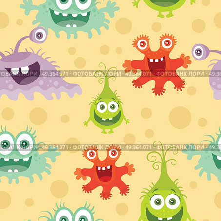 Set of Seamless Pattern with Good and Bad Bacteria. Set of seamless patterns with good and bad bacteria cartoon characters. Funny virus germs in flat style. Microbes endless texture. Dangerous organisms parasites. Wallpaper design. Vector illustration. Стоковая иллюстрация, агентство Ingram Publishing / Фотобанк Лори
