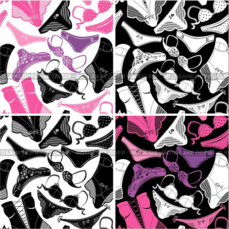 Set of seamless patterns - Silhouettes of glamor underclothes and accessories. Sexy lingerie background for fashion or retail design.  Ready to use as swatch. Стоковая иллюстрация, агентство Ingram Publishing / Фотобанк Лори