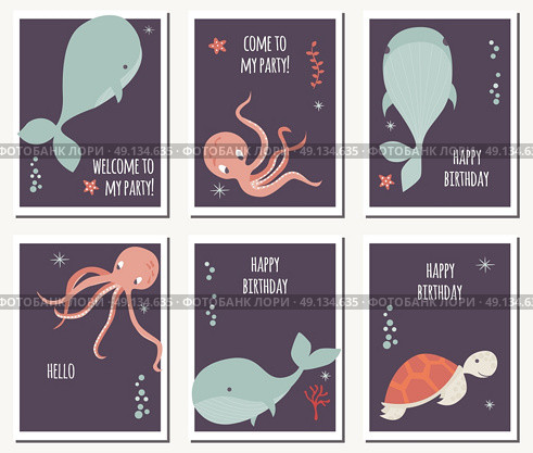 Set of six cards with underwater animals and birthday messages, whale, octopus, turtle, colorful vector illustration. Стоковая иллюстрация, агентство Ingram Publishing / Фотобанк Лори