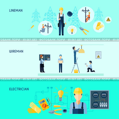 Set Of Three Electricity Banners. Set of three flat horizontal electricity banners with lineman wireman and electrician vector illustration. Стоковая иллюстрация, агентство Ingram Publishing / Фотобанк Лори
