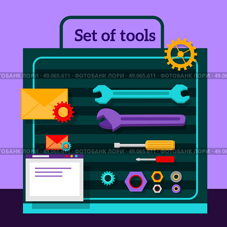 Set of tools for seo flat design. Web technology seo, website, page optimization, content and gear, screwdriver and wrench, nuts and washers, envelope and pinion illustration. Стоковая иллюстрация, агентство Ingram Publishing / Фотобанк Лори