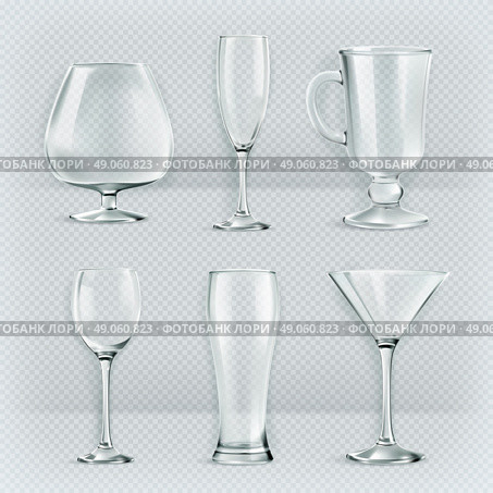 Set of transparent glasses goblets, cocktail glasses collection, vector illustration, icons. Стоковая иллюстрация, агентство Ingram Publishing / Фотобанк Лори