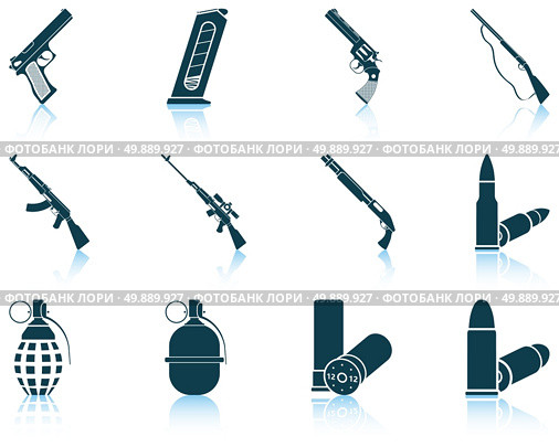 Set of twelve weapon icons with reflections. Vector illustration. Стоковая иллюстрация, агентство Ingram Publishing / Фотобанк Лори
