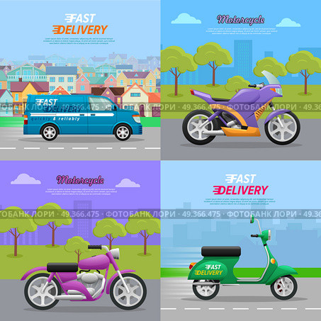 Set of Vehicle Icons. Fast Delivery. Motorcycle. Set of icons with vehicles. Fast delivery. Motorcycle. Blue minivan on road in city. Two violet motorcycles and with trees on background. Green cycle on asphalt in town. Cartoon style. Vector. Стоковая иллюстрация, агентство Ingram Publishing / Фотобанк Лори