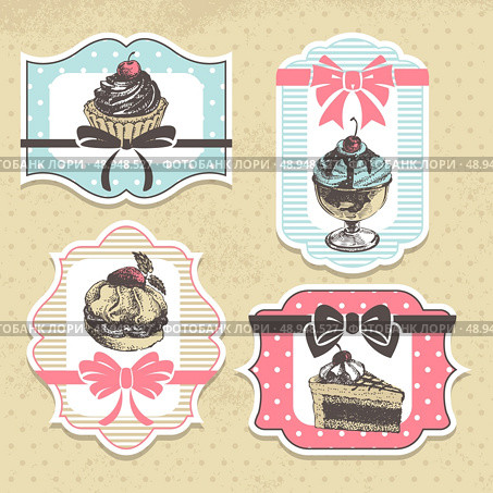 Set of vintage bakery labels. Vintage frames with sweet cupcakes . Стоковая иллюстрация, агентство Ingram Publishing / Фотобанк Лори
