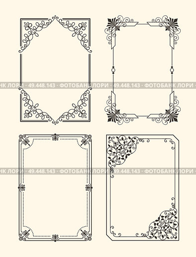 Set of vintage frames decorative border with corners, leaves and curved elements in black and white colors, retro border isolated photo frame. Set of Vintage Frames Decorative Border Corners. Стоковая иллюстрация, агентство Ingram Publishing / Фотобанк Лори