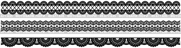 Set of wide lace ribbons with print. Black design elements isolated on white background. Seamless pattern for creating style of card with ornaments. Lace decoration template, ribbons for design. Seamless pattern for creating cards style. Lace decoration template, ribbon with ornament for design. Стоковая иллюстрация, агентство Ingram Publishing / Фотобанк Лори