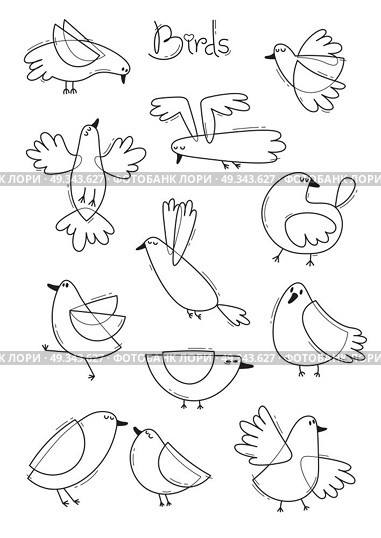 Set variety of abstract birds. Simple line design. Coloring book page. Vector illustration. Set variety of abstract birds. Simple line design. Coloring book page. Vector illustration. Стоковая иллюстрация, агентство Ingram Publishing / Фотобанк Лори