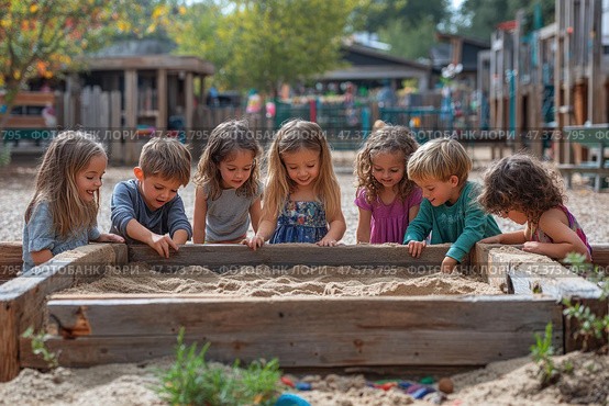 Seven young children are playing in a sandbox outdoors on a warm day. They are all looking at the sand with interest and smiles, discussing and exploring something. Their faces express joy, curiosity and involvement. The background shows a cozy and green playground with wooden buildings, trees and play areas. The atmosphere is friendly, safe and fun, emphasizing the value of playing together and developing in early childhood. Стоковое AI-изображение, AI-художник Анна Кривицкая / Фотобанк Лори