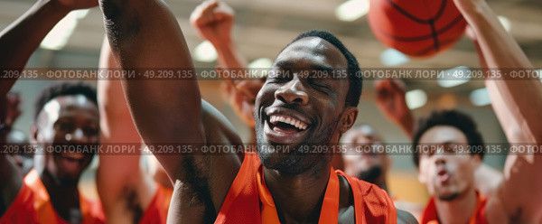 Several men in orange vests standing together and holding basketballs. Стоковое AI-изображение, AI-художник Данила Большаков / Фотобанк Лори