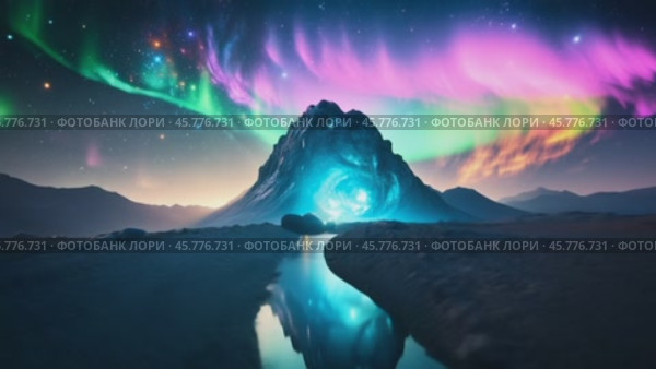 Северное сияние над горой и рекой. Стоковое AI-видео, аниматор Виктория Кольцова / Фотобанк Лори
