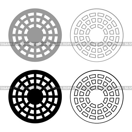 Sewer hatch manhole cover set icon grey black color vector illustration image simple solid fill outline contour line thin flat style. Sewer hatch manhole cover set icon grey black color vector illustration image solid fill outline contour line thin flat style. Стоковая иллюстрация, агентство Ingram Publishing / Фотобанк Лори