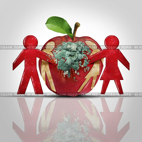 Sex disease and relationship decay as a psychological concept of divorce and separation of a couple in trouble as a decaying rotten apple with a man and woman cut out as a metaphor for sexual illness in a 3D illustration style. Стоковое фото, агентство Ingram Publishing / Фотобанк Лори