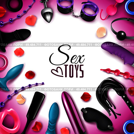 Sex toys frame consisting of dildo mask paddle handcuffs leather whip anal plugs realistic elements vector illustration. Стоковая иллюстрация, агентство Ingram Publishing / Фотобанк Лори